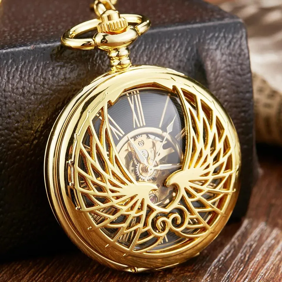 Ожерелье Золотые крылья любви Механические карманные часы Мужчины Женщины Брелок-цепочка Уникальный полый дизайн Скелет Двухсторонние ручные ветровые часы