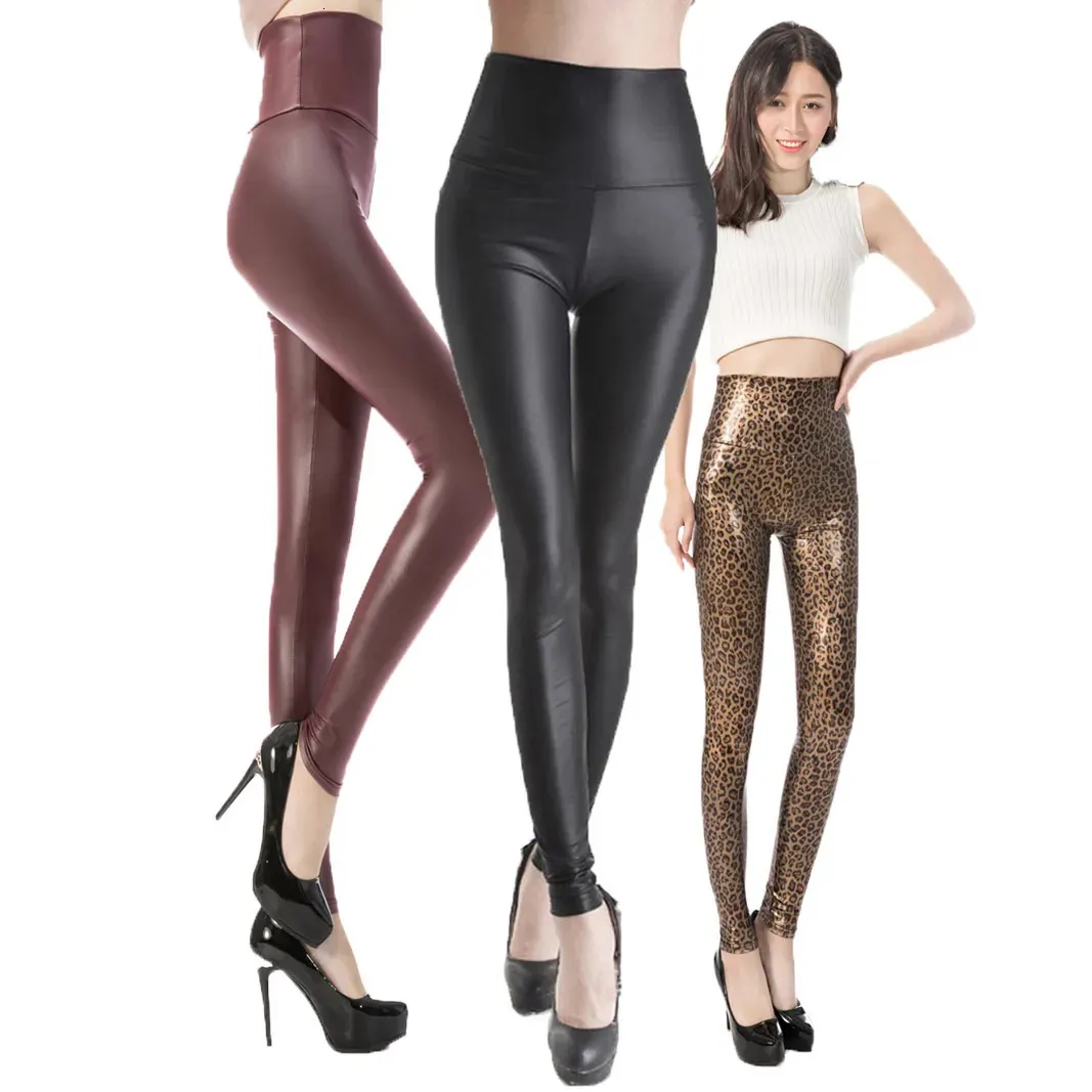 Moda feminina skinny couro sintético cintura alta leggings calças xssmlxl 240105