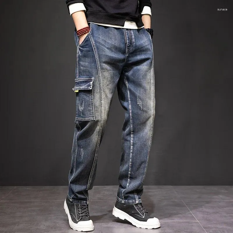 Men's Jeans 2024 Spring Elastic Waist Men Autumn Patchwork Denim Pants Plus Size Pocket Clothing Bottoms