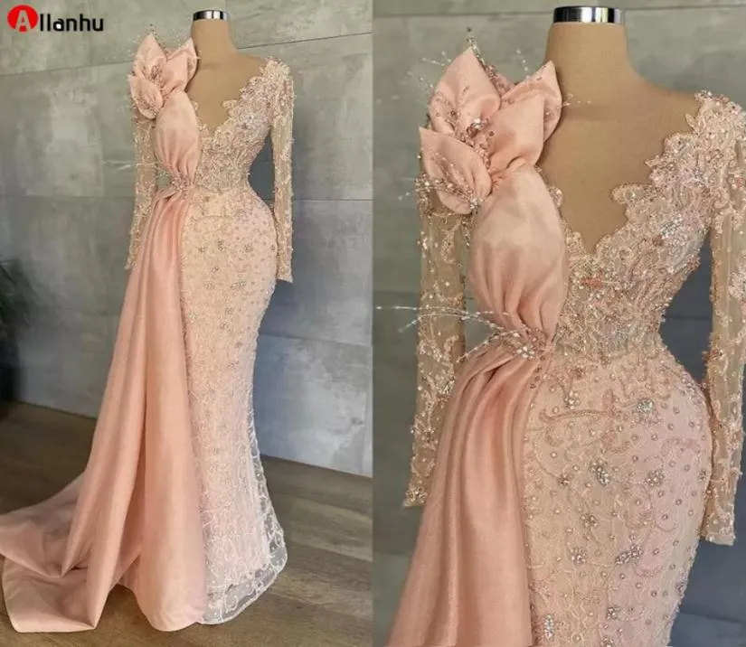 2022 Peach Pink Long Sleeve Prom Formella klänningar Sparkly spetspärled illusion sjöjungfru aso ebi afrikansk kvällsklänning WJY5913622216