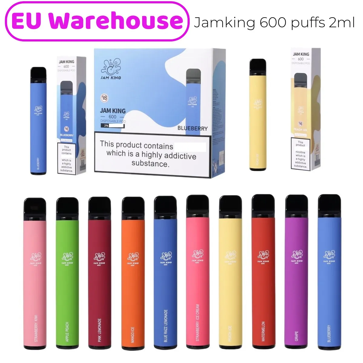 EUストックジャムキングVapes Puff 600 2ml e-Juice 10フレーバー使い捨てタバコ中国卸売蒸気スティック550mahバッテリー20mg nic meshコイル