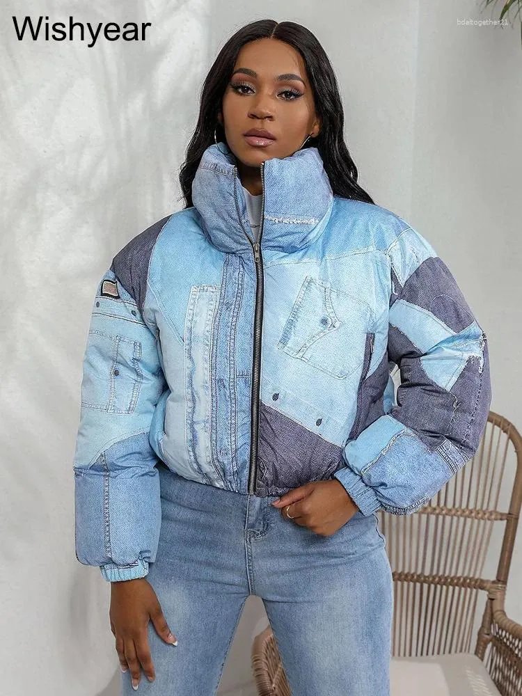 Trenchs de Femmes Mode Hiver Chaud Col Montant Manches Longues Fermeture À Glissière Courte Coton Vestes Rembourrées Femmes Club Tops Streetwear Imprimé