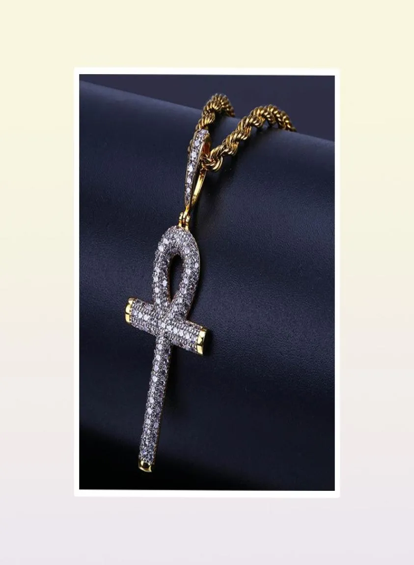 Hip Hop Egyptian Ankh Key Pendant Necklace Iced Out Gold Silver Color Plated Micro Paved Zircon Pendant Necklace8141562