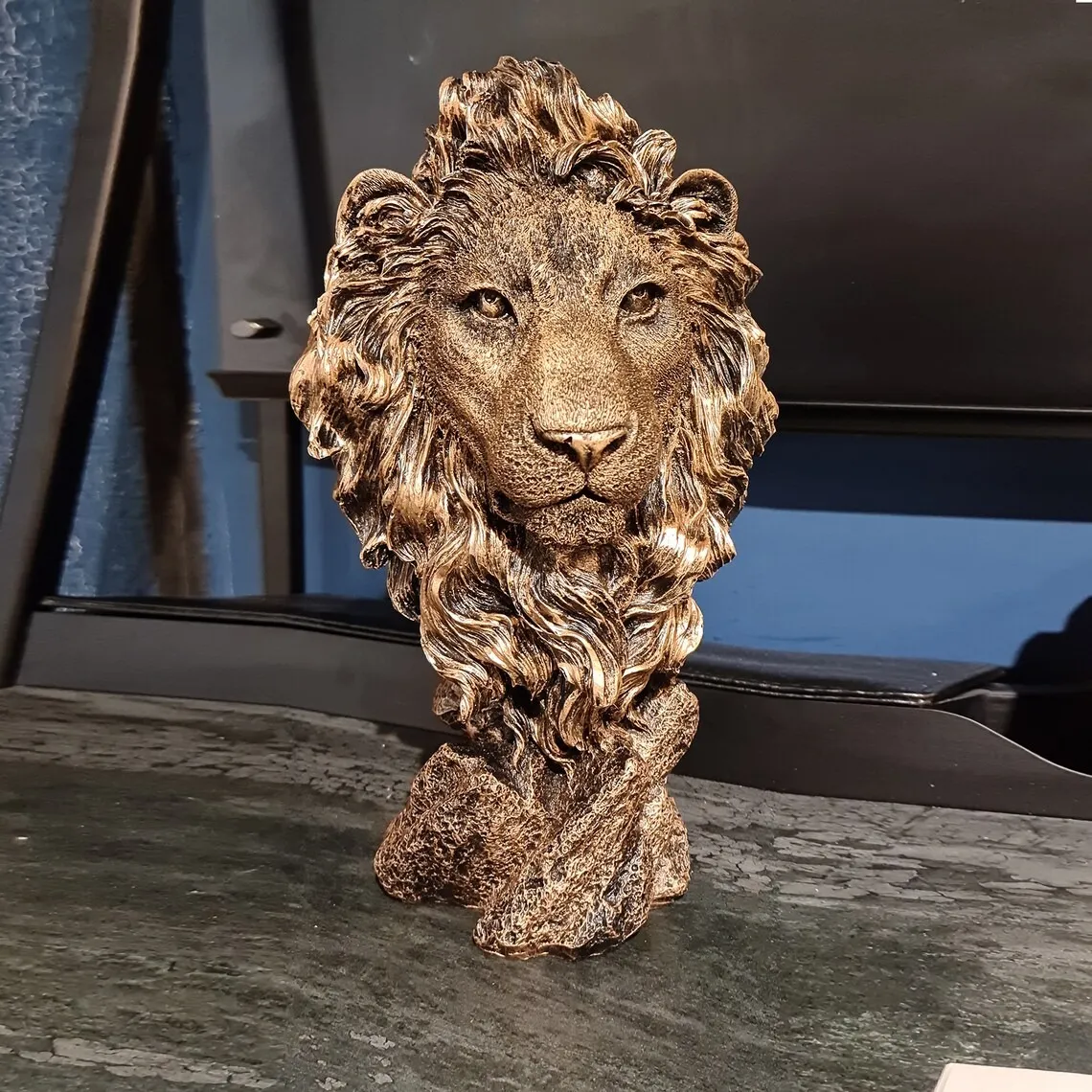 Lion Head Sculpture, Lion Gold Statue, Home Office Decor, Gift For Leading People, Christmas gift idea