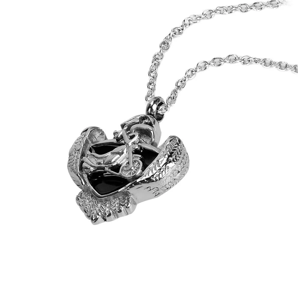 Lelie roestvrijstalen crematie sieraden zwart emaille schild motorfiets gedenkteken as hanger urn ketting aandenken met cadeauzakje And188G
