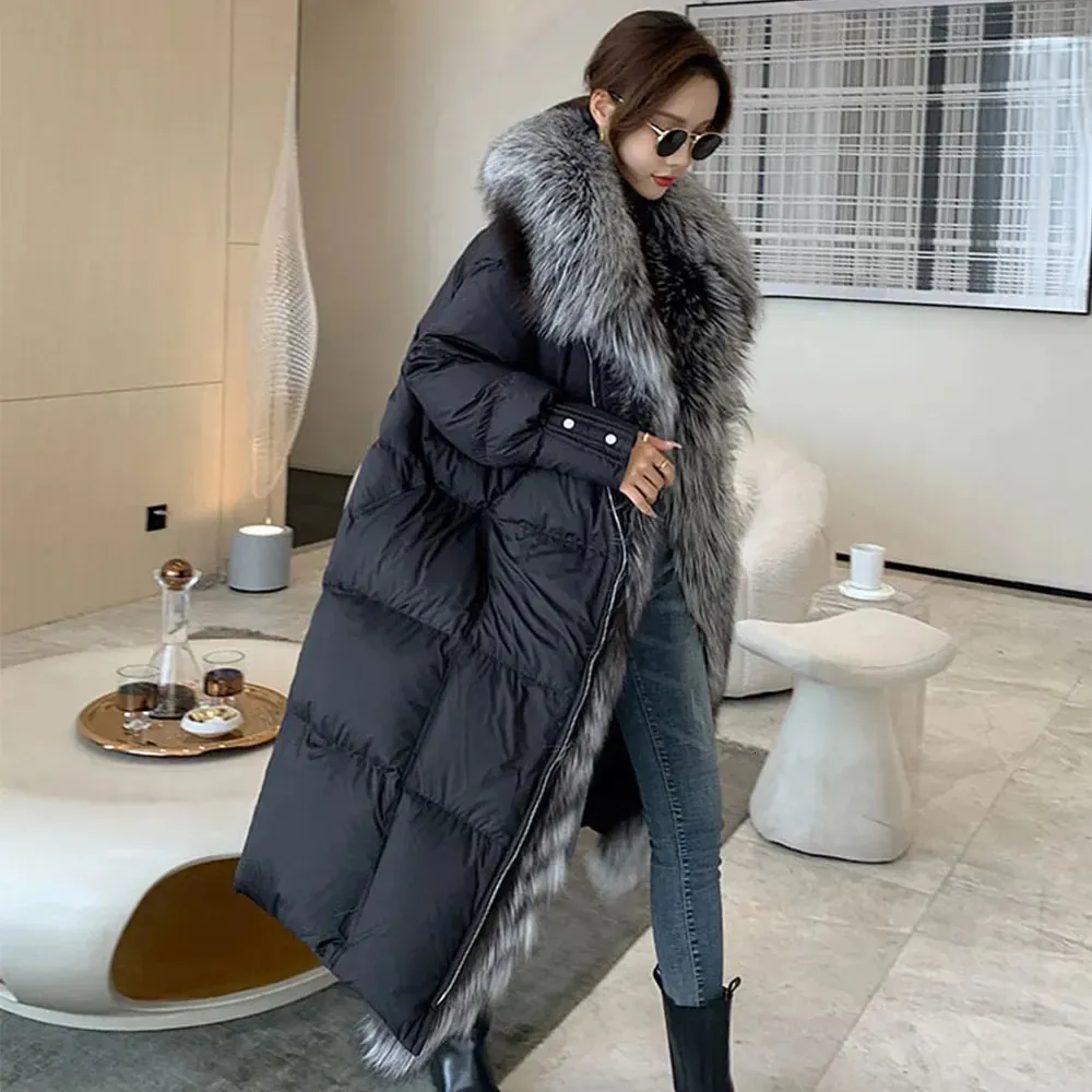 S Winter Long Goose Down Parka with Hare Fox Fox Fox For Women Women Over Coalt Fashion There Warm Dark Stacket 240105