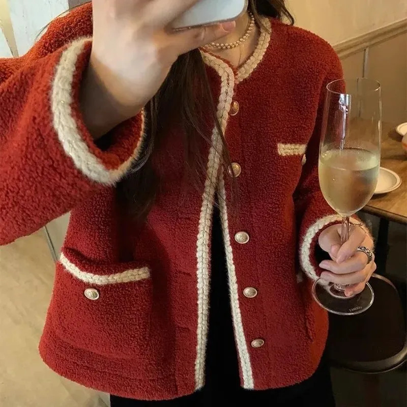 QWeek Red Winter Jacket Koreańska moda Tweed Tweed Jackets jagnięce wełniane płaszcze vintage harajuku z długim rękawem kobiet elegancka 240104