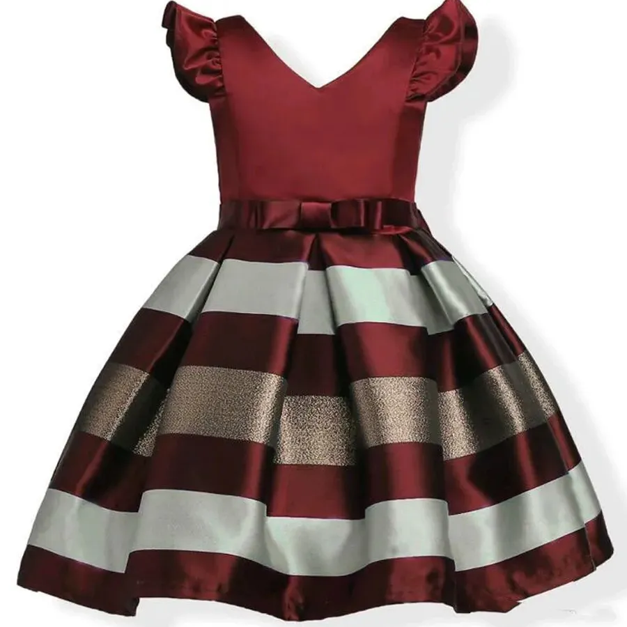 Baby Sleeve Mixed Color Striped Jacquard Girls 'Party Dress Wedding Dress Satin European och American Princess Dress Princess Dress är lämplig för barn i åldern 3-10.