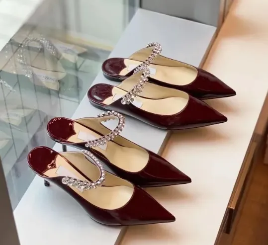 Bing flat pointed toes slippers crystal studded embellished mules Burgundy patent leather shoes Rhinestone women's Luxury Designers sandals luxe lounge flats