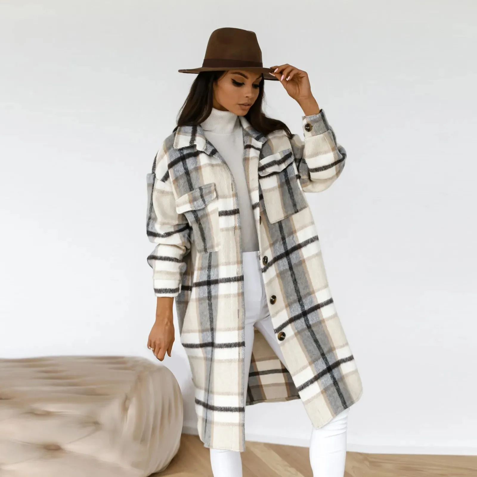 Kvinnors ytterkläder Fashion Plaid Woolen Coat Long Sleeve Plaid Print Button Open Front Long Cardigan Ytterkläder 231229