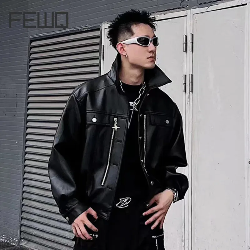 Fewq Spring Autumn American Men's Pu Leather Coat 2023 Solid Color Long Sleeve Single Breasted Male Topps Darkwear 24x2186 240105