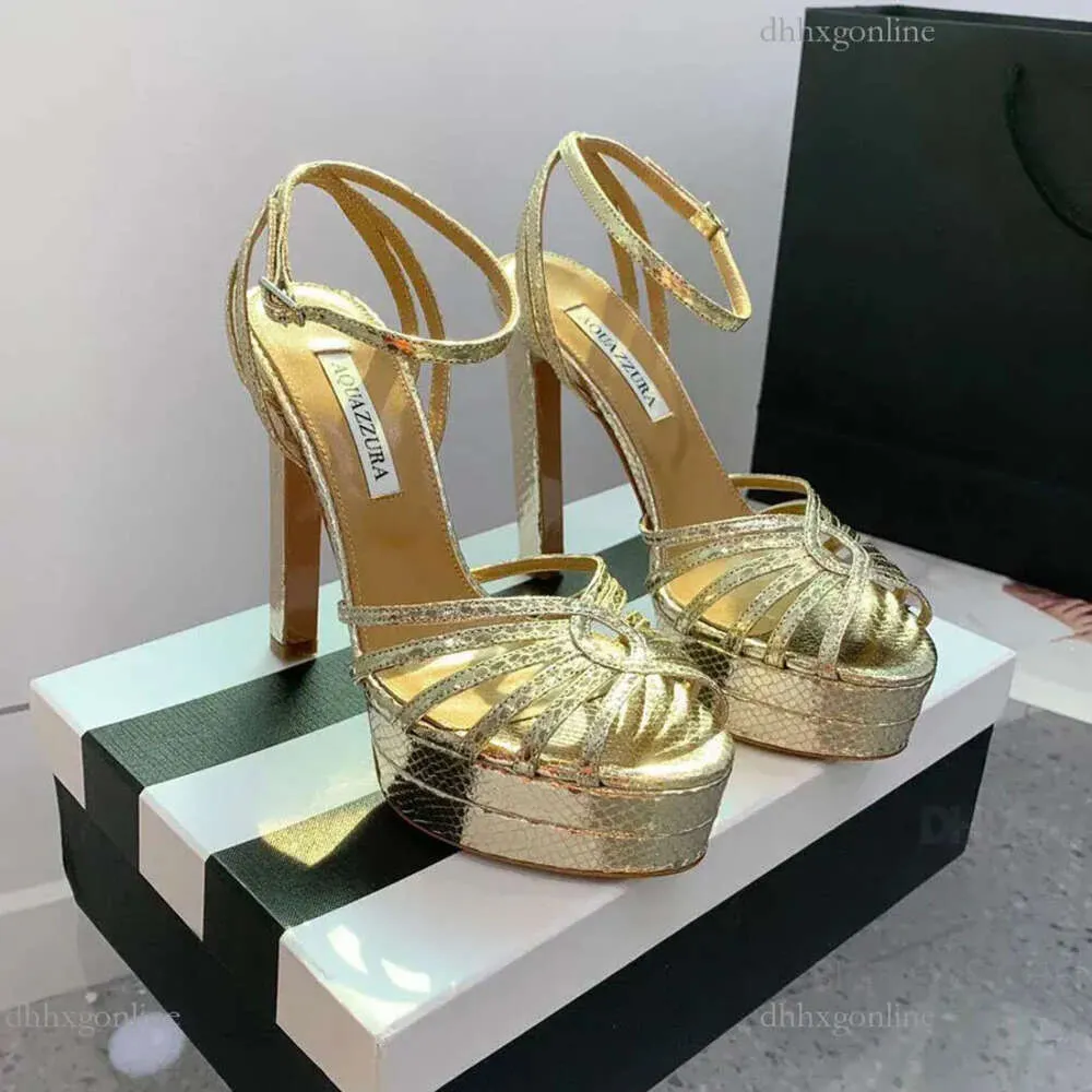 Top Quality Aquazzura Scarpe con tacco Cinturino alla caviglia Tacchi con plateau Sandali aquazzura Oro Argento Scarpe eleganti con blocco grosso Designer Party