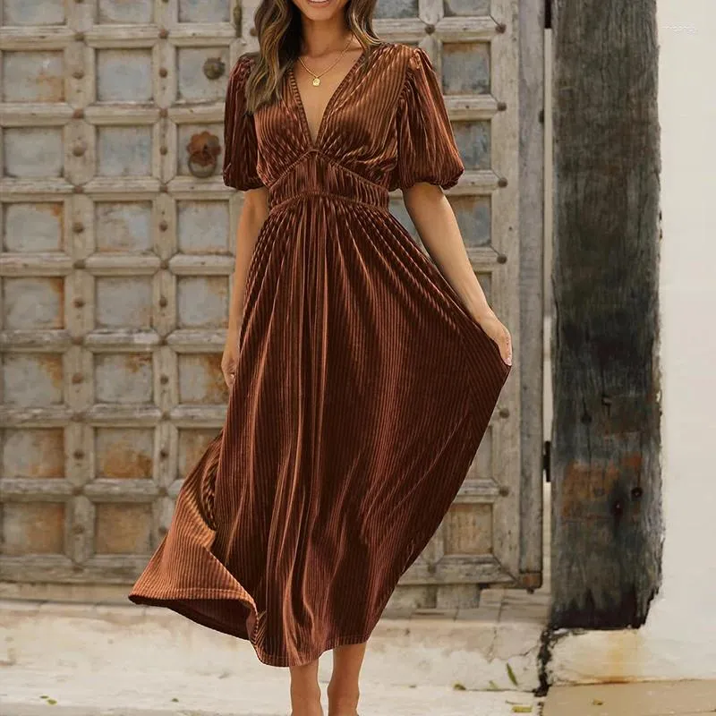 Casual Dresses 2024 Women's Puff Short Sleeve V Neck Velvet Maxi Dress Long Elegant Wedding Guest Party