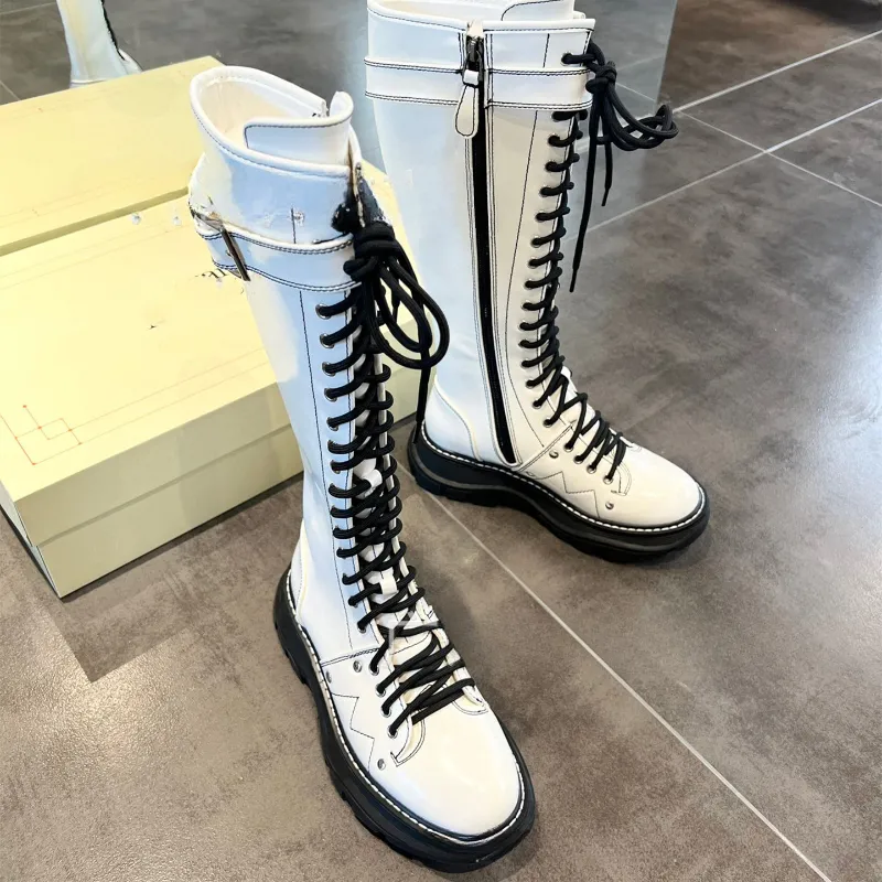 Lace-up Knee-high Boots Women Genuine Leather Winter Boots Luxury Designer Classic Leather Shoes