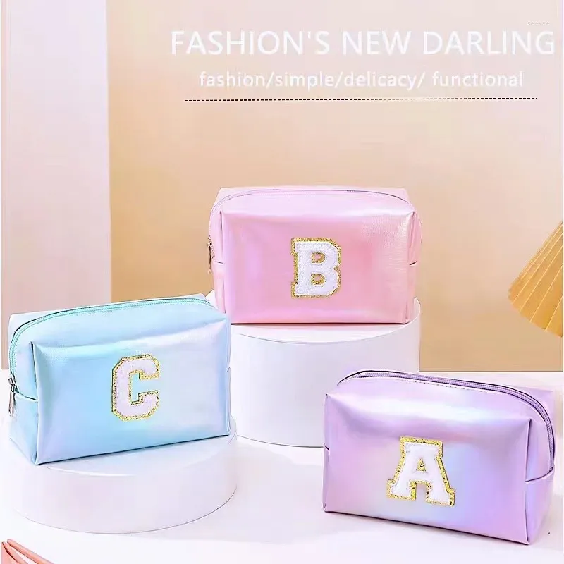 Cosmetic Bags Octagonal Embroidered Letter Makeup Bag Large Capacity Travel Toiletries Storage Handbag Pouch Organizer