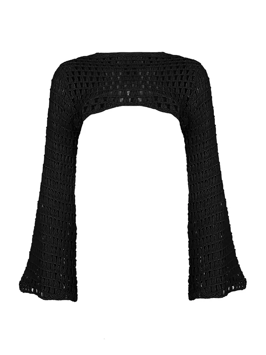 Femmes Y2k Crochet tricot évider haut court à manches longues évasées haussement d'épaules maille couverture Ups Cardigan Streetwear 240105