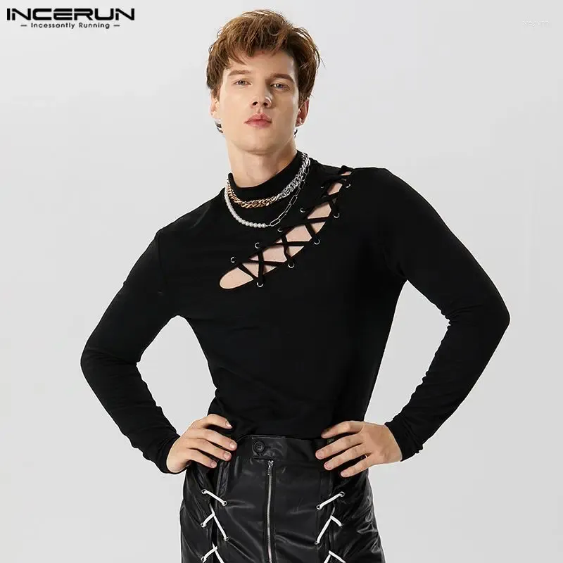 Men's T Shirts INCERUN Tops 2024 Fashionable Mens High Neck Diagonal Drawstring T-shirts Casual Male Solid Mesh Long Sleeved Camiseta S-5XL