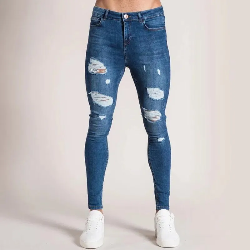 Byxor laamei män denim hål stretchy rippade byxor hip hop streetwear casual jeans byxor smala fit blyertspant vintage mjuk varm försäljning