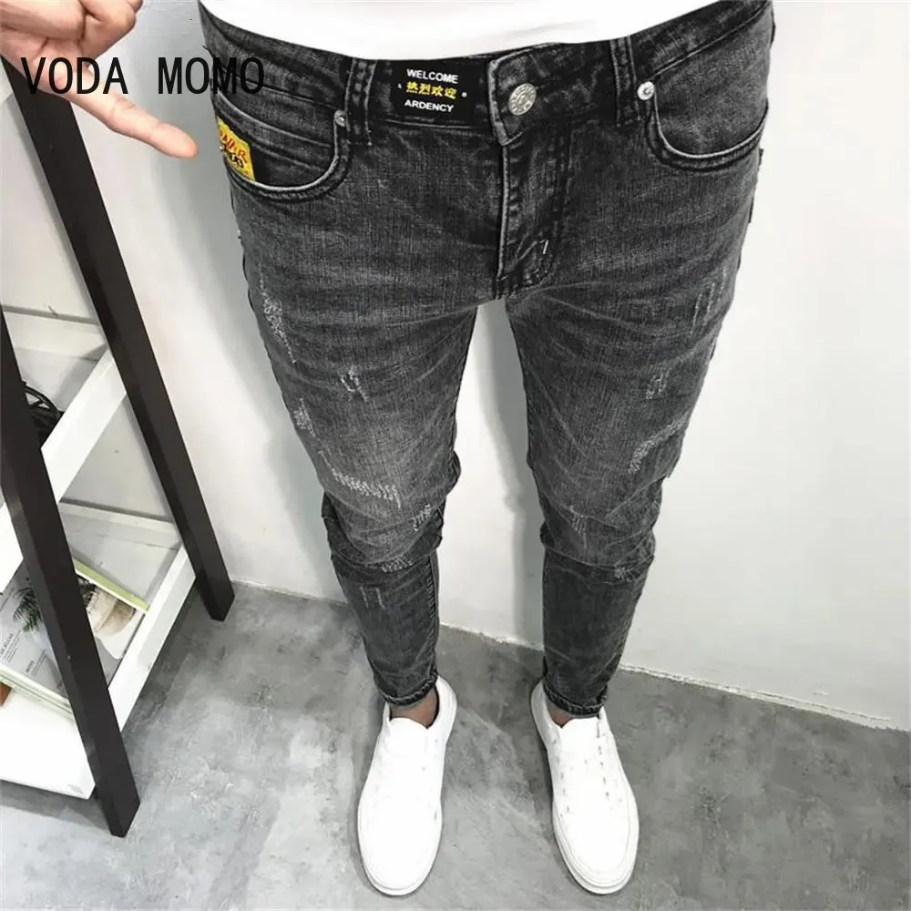 Streetwear Hip Hop Men's mycket mager rippade stretch -jeansbyxor Slim Fit Black White Dark Blue Light 240104