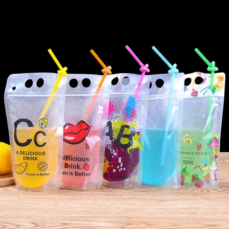 Water Bottles juce bags Clear Drink Pouches frosted Zipper Stand-up Plastic Drinking Bag with straw holder Reclosable Heat-Proof 500ml Free DHL