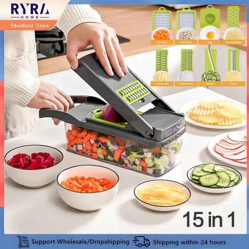 Affettatrice per verdure 15in1 Affettatrice per trituratori con cestino Multifunzione per patate, carote, grattugia, frutta, tritatutto, accessori da cucina 240104