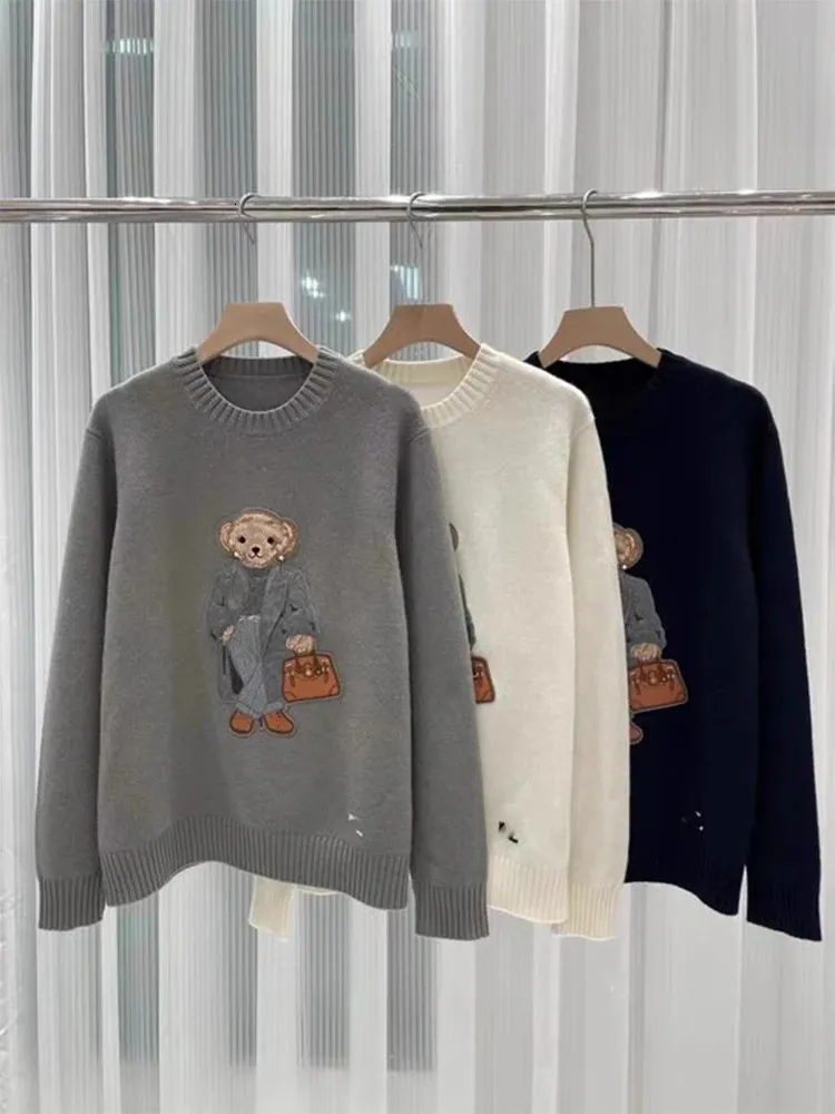 Loose Bear Sweater Women's O-neck Long sleeved Casual Women's Knitted Pulled 2024 Spring Embroidered Pattern Women's Cotton Knitted Top 240104