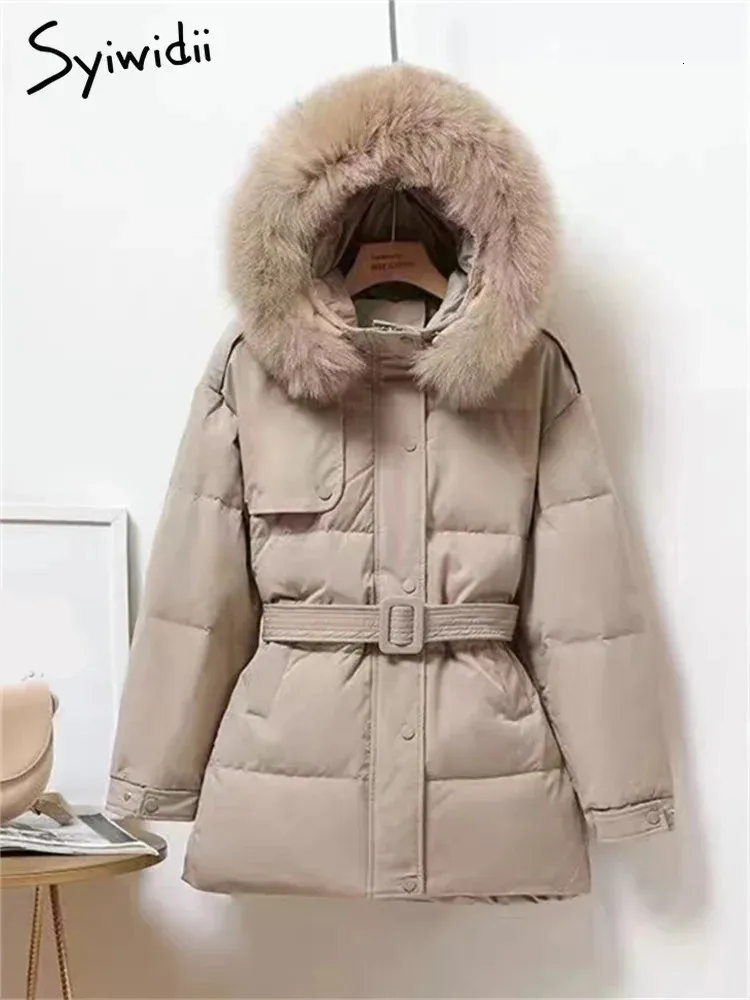 Syiwidii 90 Entendaunenjacke Damen Herbst Winter Langarm verdicken warme lose Puffjacken Pelzkragen mit Kapuze Mäntel 240105