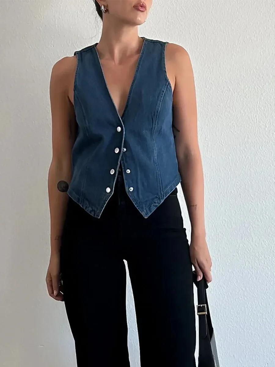 Ärmellose Jeansweste für Damen, V-Ausschnitt, Knopfleiste, Jeansweste mit Taschen, lässig, Vintage, Crop-Streetwear 240105