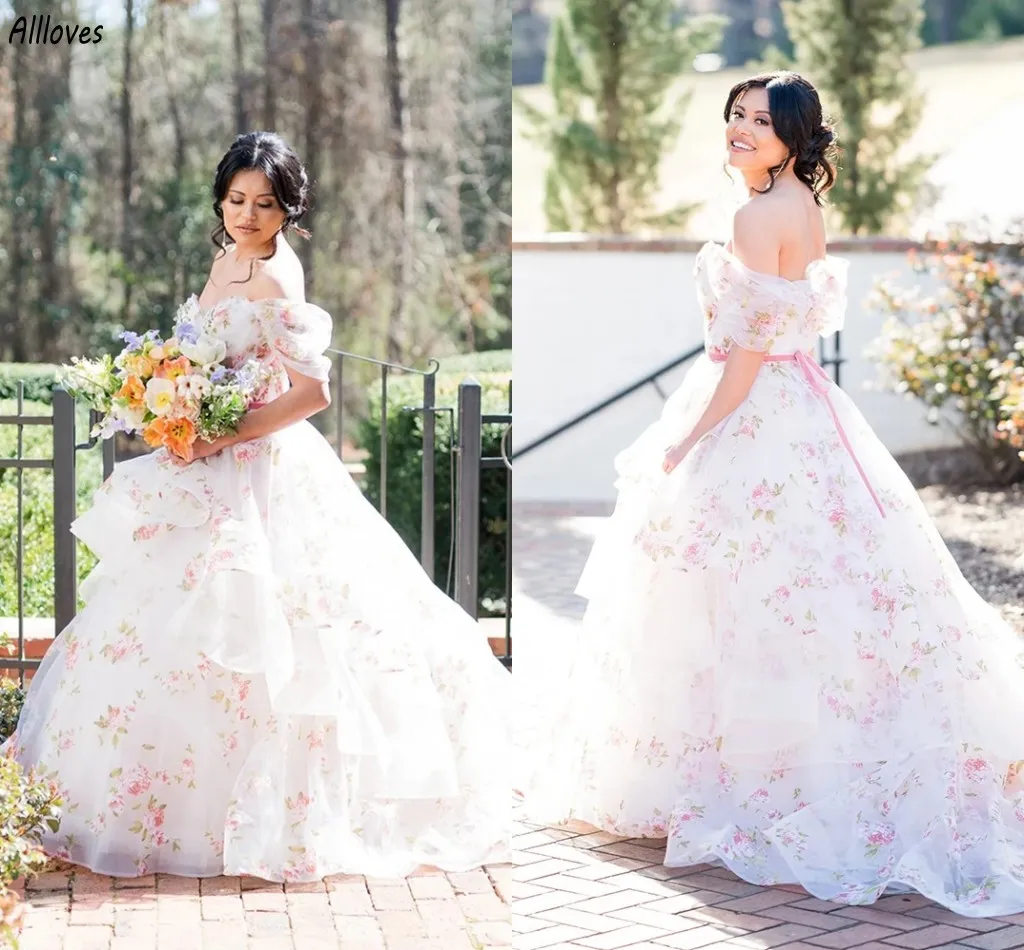 Fairytale Blush Pink Floral Spring Wedding Dresses Sexy Off The Shoulder Tiered Ruffle Skirt Boho Garden Bridal Gowns A Line Reception Dance Dress For Bride CL3165