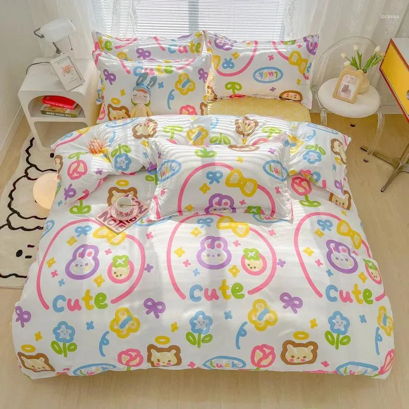 Conjuntos de cama Kawaii lavado algodão conjunto para crianças meninas bonito impressão de quatro peças com fiapos