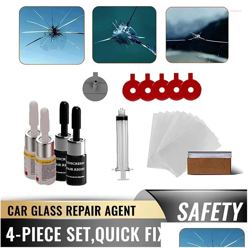 Bilrengöringsverktyg Tvättlösningar Vindrutan Reparera uppgraderat Crack Kit 4 Pack Glass Chip Fluid Quick Drop Delivery Automobiles Motorcy Otyzf