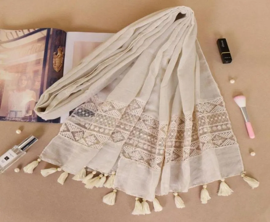 Scarves Selling Tassel Cotton Hijab Scarf Women Solid Color Lace Shawl Wrap Large Size Pashmina Stole Muslim Female Bufanda7148363