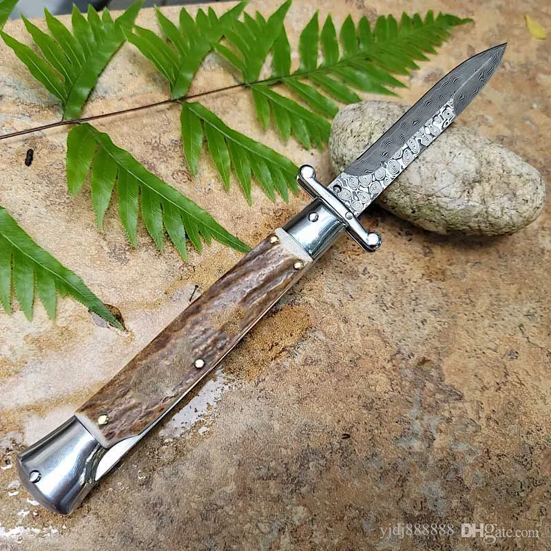 9 Inch Italian Style Stiletto Mafia Single Action Automatic Pocket Knife Damascus Antlers Handle Hunting Self Defense Survival Auto Tactical Knives UT88 UT85 3400