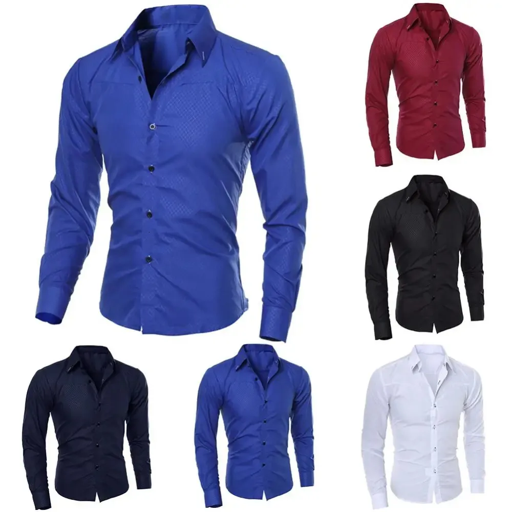 Luxo masculino casual social formal camisa lapela manga longa magro cor sólida masculino vestido de negócios camisas polo blusa topos 240105