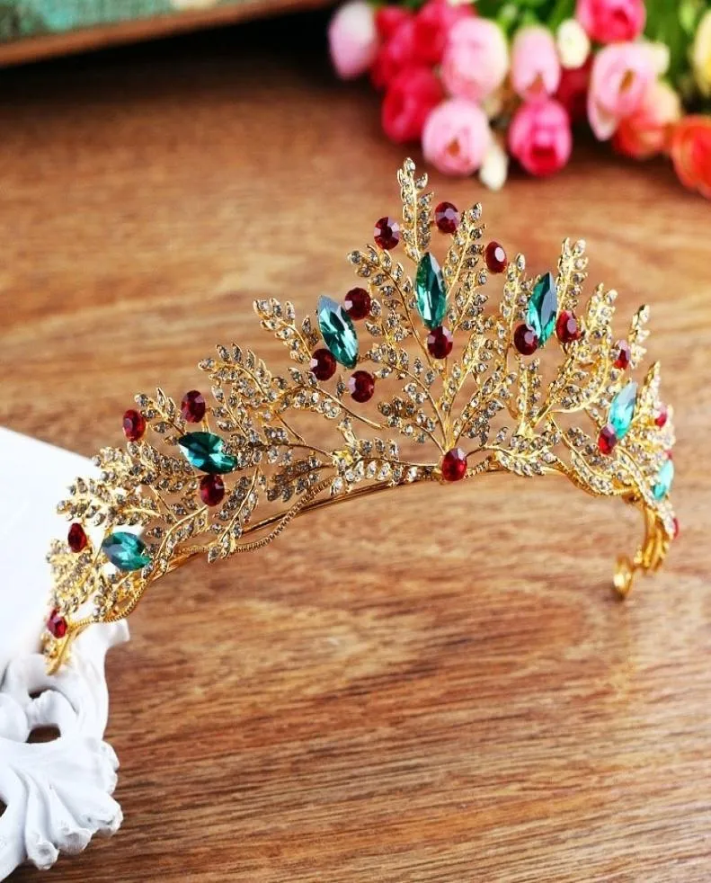 Vintage Gouden Strass Groen Rood Kristal Bruids Tiara Kroon Handgemaakte Noiva Diadeem Hoofddeksel Bruiloft Haar Sieraden Accessoires JL T3261774