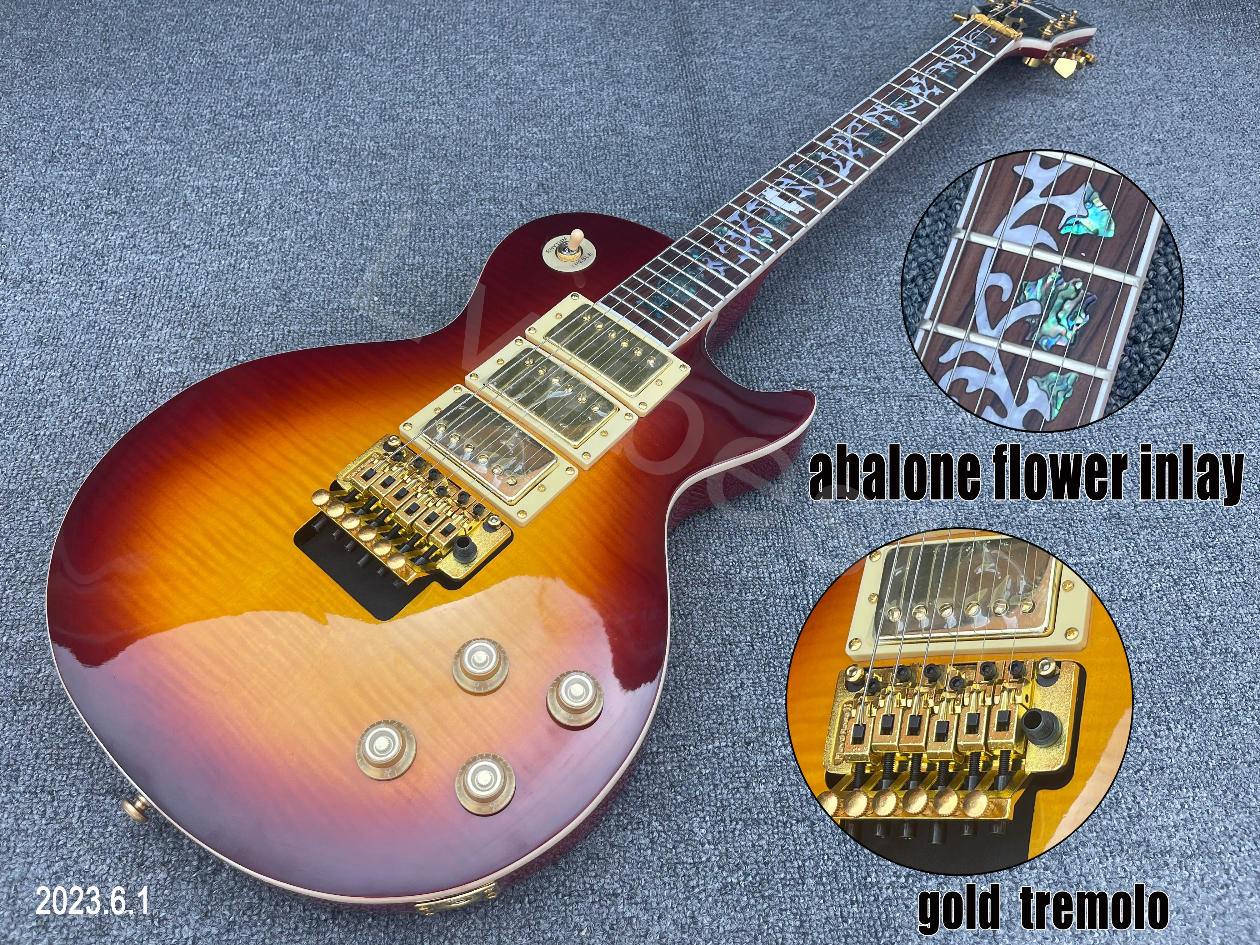 Elektrisk gitarr Dark Cherry Burst HHH Pickups Gold Cover Cream Rings Floydrose Style Tremolo Locking No PickGuard Flower Abalon