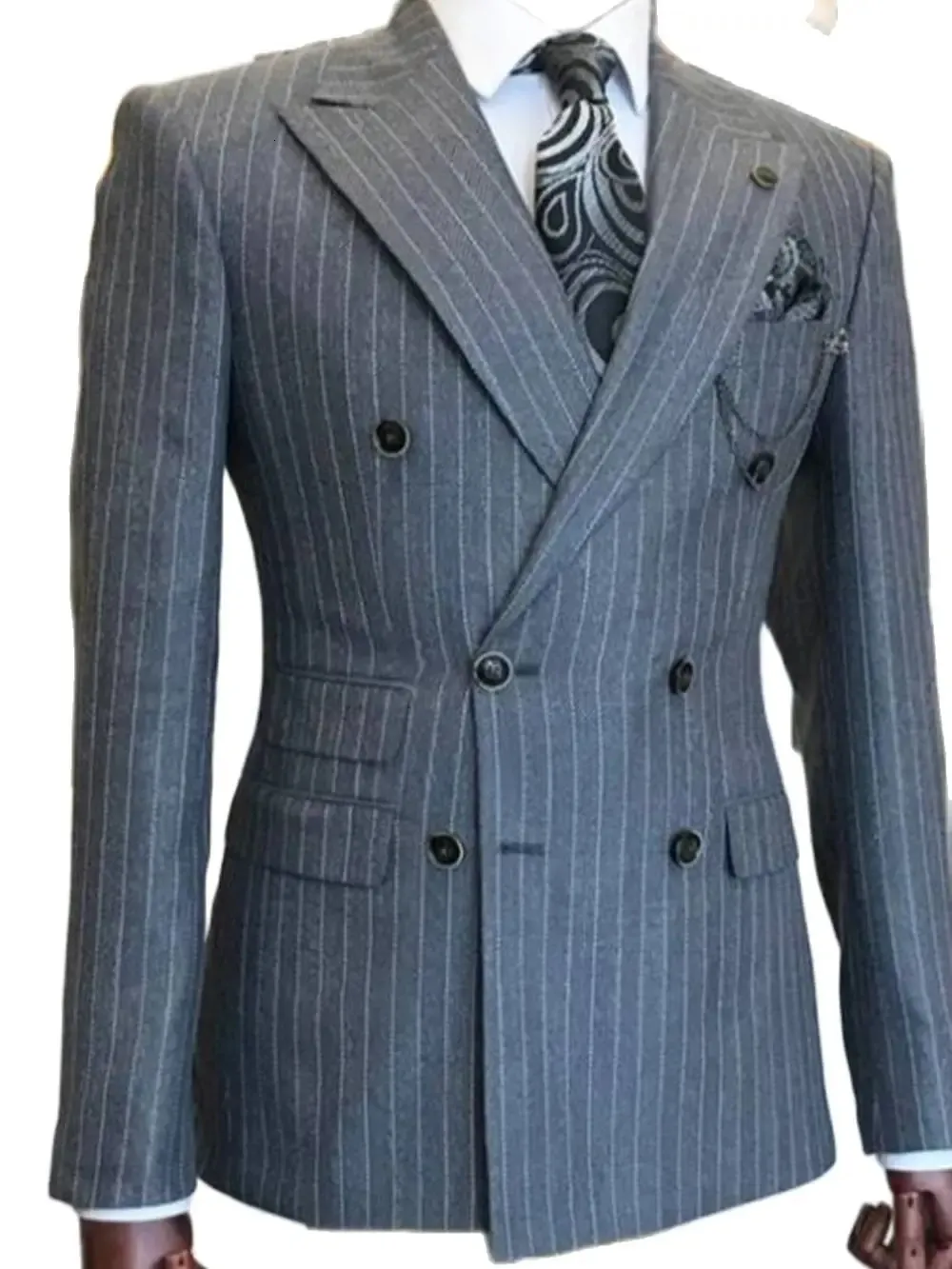 Grå stripe mäns kostymer för brudgummen tuxedos ed lapel slim fit blazer 2 bitar jacka byxor man skräddare gjorde kläder 240104