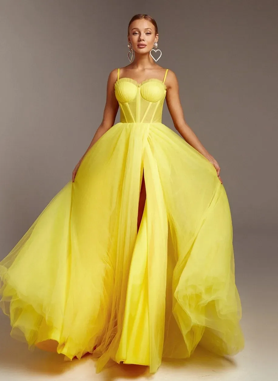 Robe De soirée élégante jaune vif, bretelles Spaghetti, plis en cœur, ligne A, Tulle limoneux, robes De soirée formelles, robes De bal pour femmes