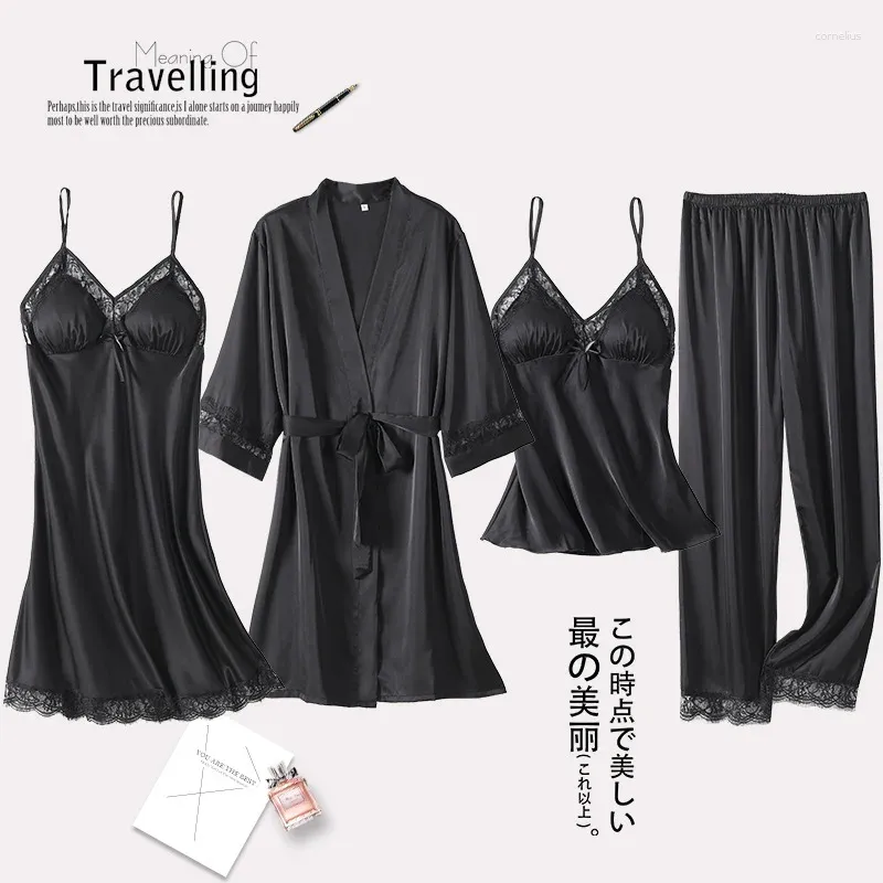 Mulheres sleepwear pijamas terno primavera verão mulheres sexy preto cetim casamento robe conjunto quimono vestido renda nightwear solto homewear