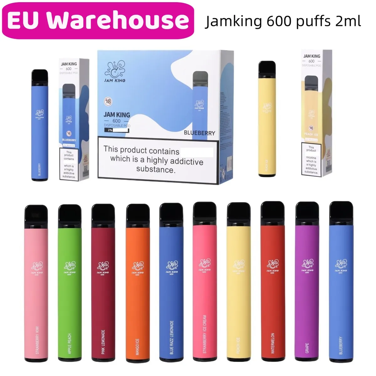 Jam King EU Warehouse Einweg-Vapes Puff 600 2 ml E-Saft 10 Geschmacksrichtungen E-Zigarette China Großhandel Vape Stick 550 mAh Batterie 20 mg Nic Mesh Coil Elf Bar