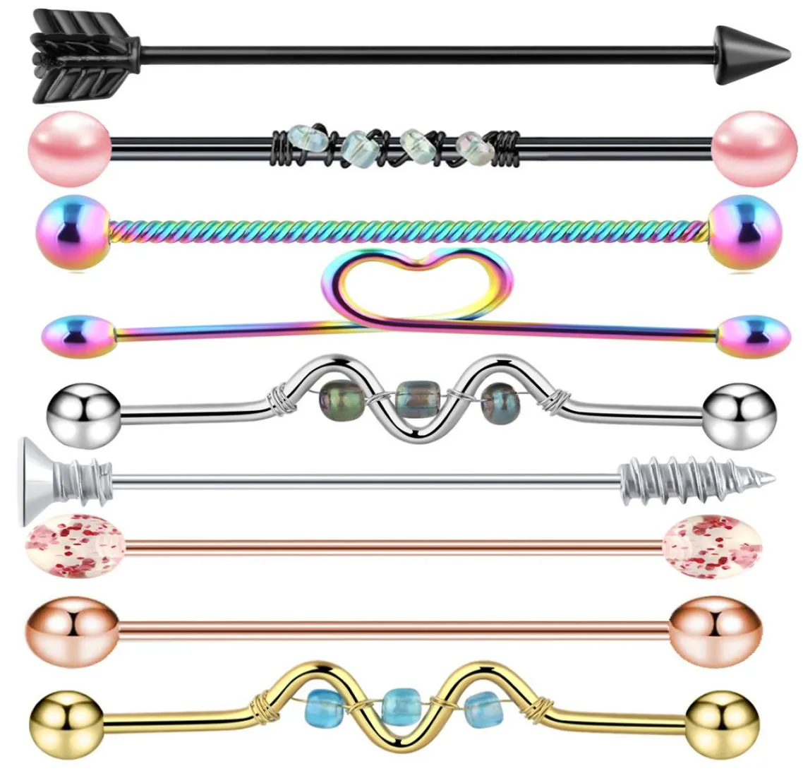 9PC 14G Industrial Barbell Piercing Ear lage Helix Stud Straight Long Bar Earring Body Jewelry Women3867059