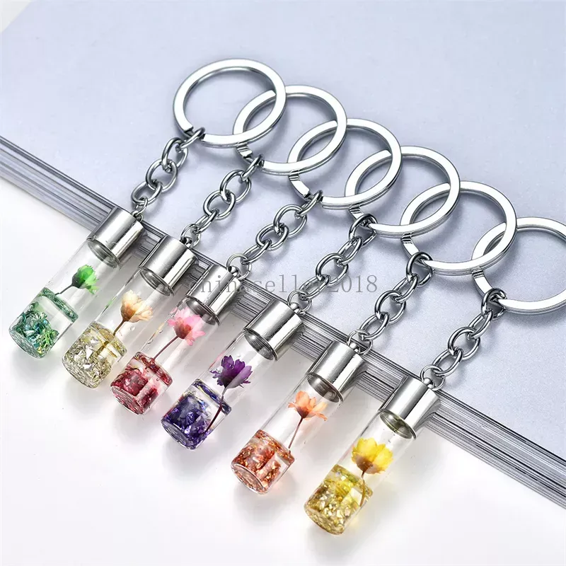 8 couleurs nouvelle vente chaude plante fleur sèche bouteille en verre pendentif porte-clés belle fleur éternelle porte-clés pendentif en gros