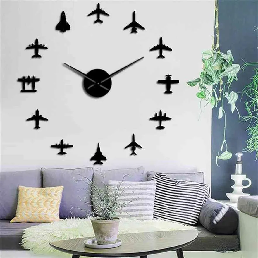 Flying Plan Fighter Jet Modern DIY Giant Wall Clock Akryl Mirror Surface Sticker Airplane Wall Clock Aviator Pilot Home Decor 2283p