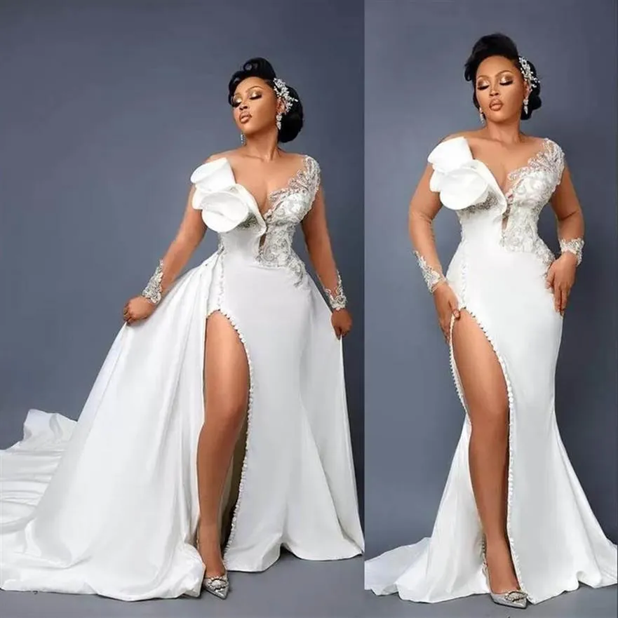 Robes de mariée sirène de luxe en cristal, grande taille, avec manches longues, fendues, robes de concours sexy pour femmes, nouvelle collection, 235r