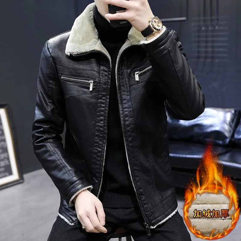 Winter Men Leather Jacket Solid Color Lining Velvet Business Lapel Medium Length Keep Warm Black Leather Windbreaker S-4XL 240104