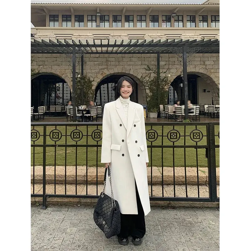 Элегантное длинное шерстяное пальто уличная стеганая куртка корейское двубортное шерстяное пальто зимнее толстое пальто большого размера 240105