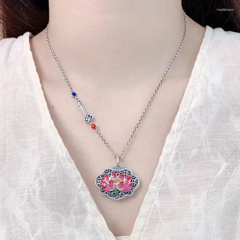 Chains Ruyi Hollow Out Pendant 925 Silver Vintage Enamel Pink Lotus Flower Heart Sutra Necklace For Women Clavicle Chain Jewelry