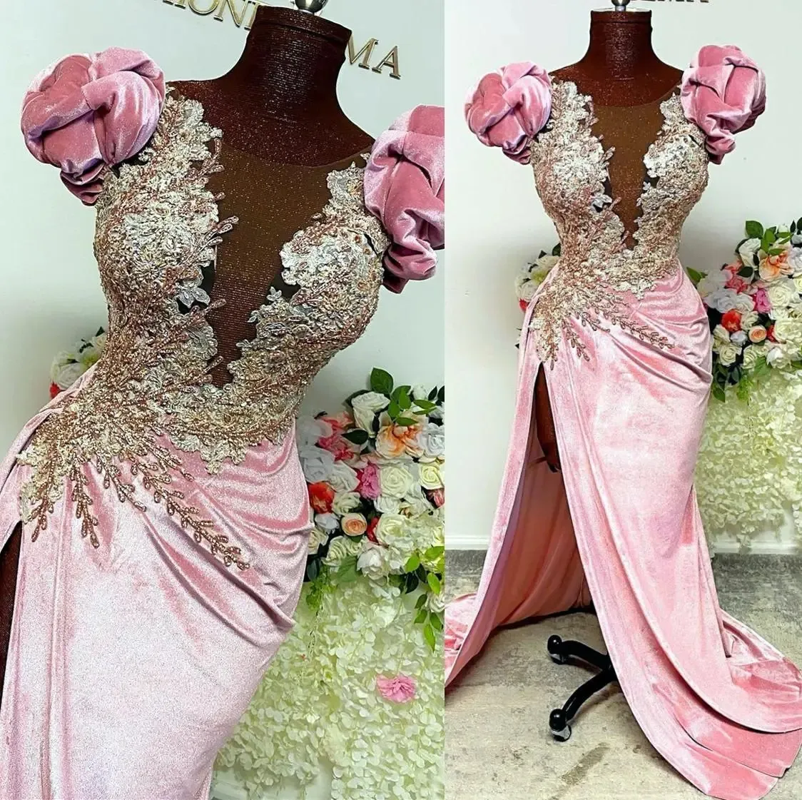 Jasnoróżowy aksamit ASO EBI Sukienki balowe syrena wysoko podzielona iluzja