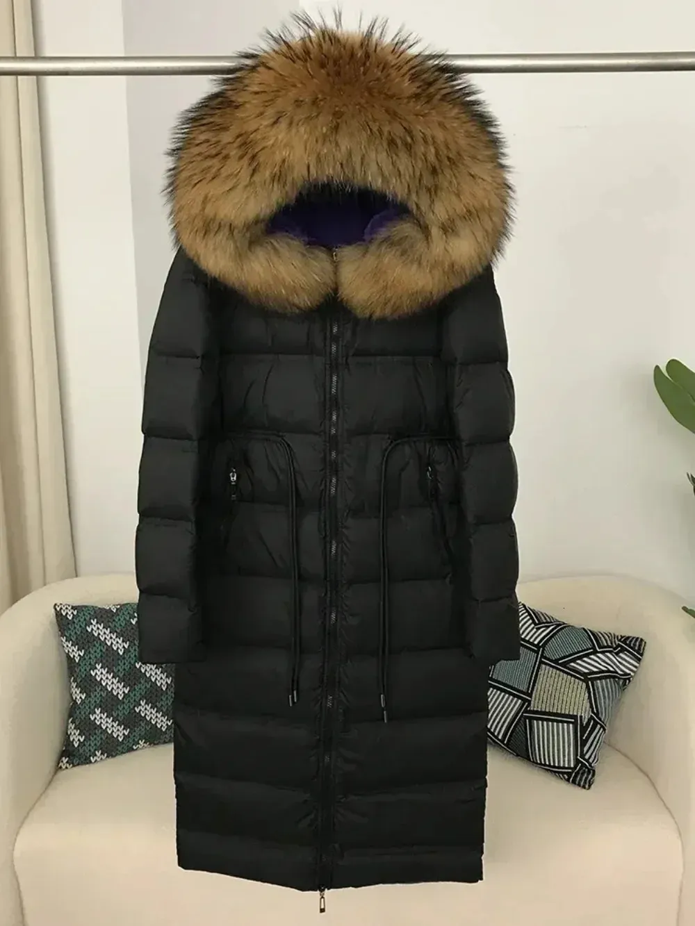 Echte Waschbär Fuchs Pelz Kragen Mantel Lange Jacke Mit Kapuze Winter Frauen Weiße Ente Unten Jacke Weibliche Dicke Warme Mantel Luxus oberbekleidung 240105