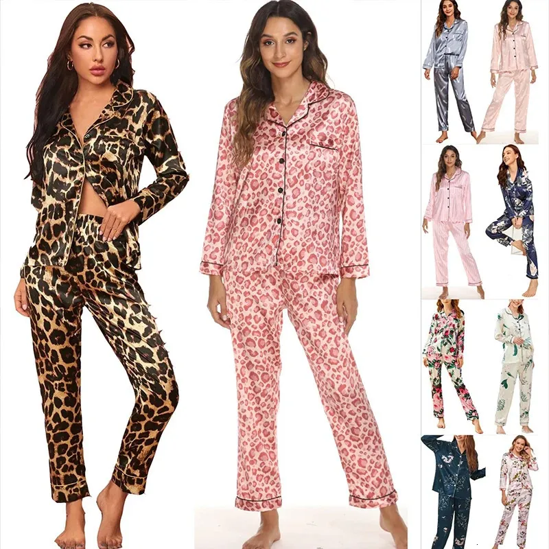 Silk Pajamas Set For Women Sleep Lounge Wear Female Pyjamas Leopard Fashion Lady Long SleevePants Nightwear Sexy Spring 240104